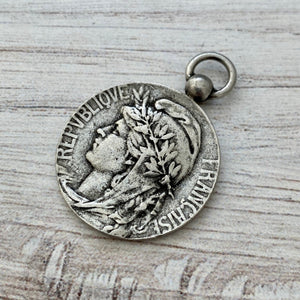 Medium Old French Marianne Medal Replica, Antiqued Silver Charm Pendant, Woman Lady Coin, Jewelry Supplies, PW-6158
