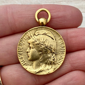 Medium Old French Marianne Medal Replica, Antiqued Gold Charm Pendant, Woman Lady Coin, Jewelry Supplies, GL-6158