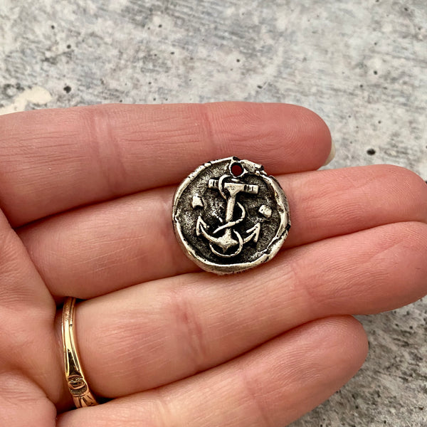 Load image into Gallery viewer, Wax Seal Anchor Charm, Silver Antiqued Pewter Pendant, Nautical Ship Jewelry Making, PW-6126
