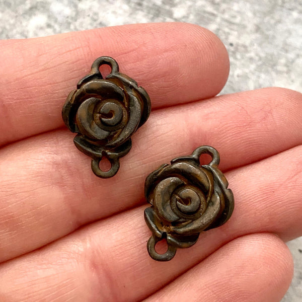 Load image into Gallery viewer, 2 Simple Rose Connector, Rustic Brown Flower Charm, Jewelry Making Supplies, Carsons Cove, BR-6155
