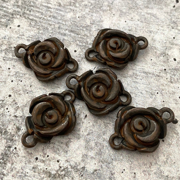 Load image into Gallery viewer, 2 Simple Rose Connector, Rustic Brown Flower Charm, Jewelry Making Supplies, Carsons Cove, BR-6155
