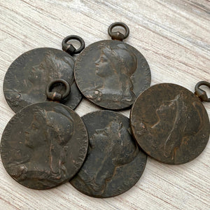 Large Old French Medal Replica, Antiqued Rustic Brown Charm Pendant, Woman Lady Coin, Jewelry Supplies, BR-6134