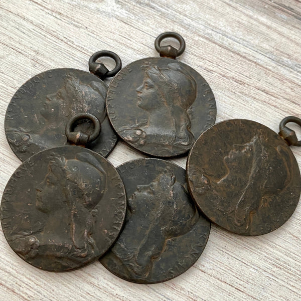 Load image into Gallery viewer, Large Old French Medal Replica, Antiqued Rustic Brown Charm Pendant, Woman Lady Coin, Jewelry Supplies, BR-6134
