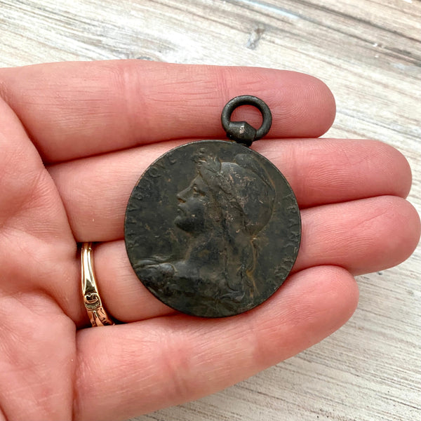 Load image into Gallery viewer, Large Old French Medal Replica, Antiqued Rustic Brown Charm Pendant, Woman Lady Coin, Jewelry Supplies, BR-6134
