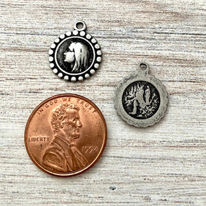 2 Small Mary Lourdes Medal, Dotted Circular Catholic Religious Blessed Mother, Antiqued Silver Pewter Charm, PW-6131