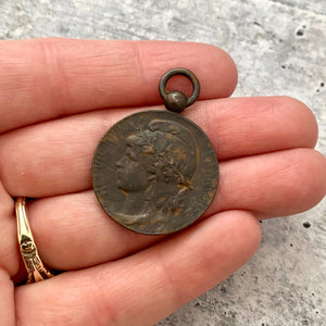 Medium Old French Marianne Medal Replica, Antiqued Rustic Brown Charm Pendant, Woman Lady Coin, Jewelry Supplies, BR-6158