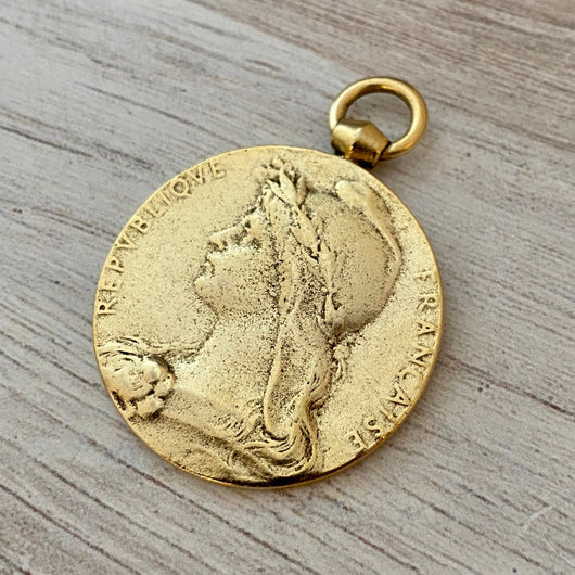 Large Old French Medal Replica, Antiqued Gold Charm Pendant, Woman Lady Coin, Jewelry Supplies, GL-6134