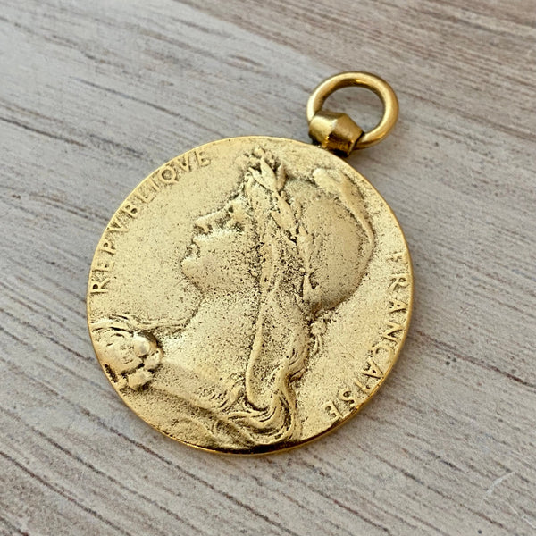 Load image into Gallery viewer, Large Old French Medal Replica, Antiqued Gold Charm Pendant, Woman Lady Coin, Jewelry Supplies, GL-6134
