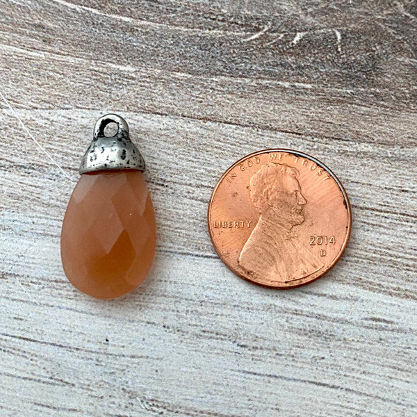 Load image into Gallery viewer, Peach Moonstone Faceted Pear Briolette Drop Pendant with Silver Bead Cap, Jewelry Making Artisan Findings, PW-S022

