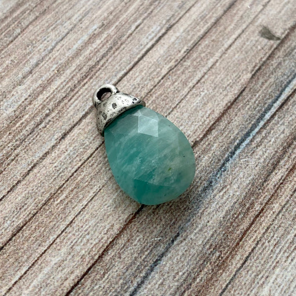 Load image into Gallery viewer, Amazonite Pear Faceted Briolette Drop Pendant with Silver Pewter Bead Cap, Jewelry Making Artisan Findings, PW-S023
