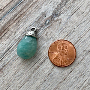Amazonite Pear Faceted Briolette Drop Pendant with Silver Pewter Bead Cap, Jewelry Making Artisan Findings, PW-S023