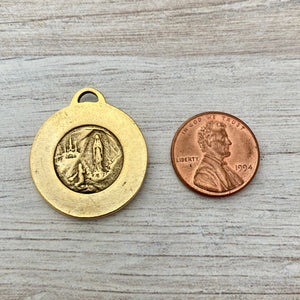 Round Mary Medal, Virgin Mary, Our Lady of Lourdes, Catholic Necklace, Religious Gold French Charm, GL-6168