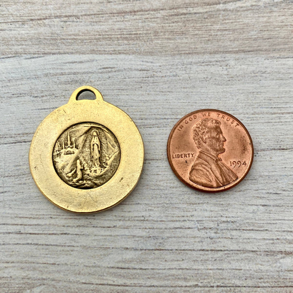 Load image into Gallery viewer, Round Mary Medal, Virgin Mary, Our Lady of Lourdes, Catholic Necklace, Religious Gold French Charm, GL-6168
