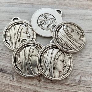 Round Mary Medal, Virgin Mary, Our Lady of Lourdes, Catholic Necklace, Religious Silver French Charm, SL-6168