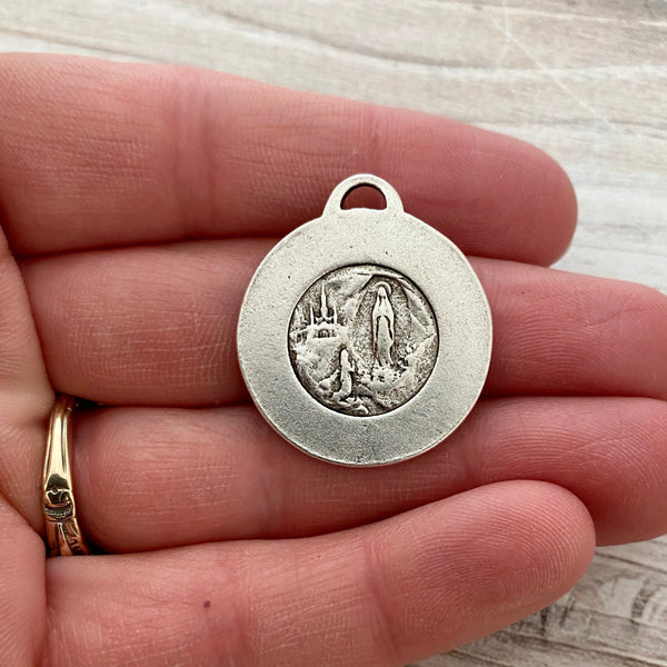Load image into Gallery viewer, Round Mary Medal, Virgin Mary, Our Lady of Lourdes, Catholic Necklace, Religious Silver French Charm, SL-6168
