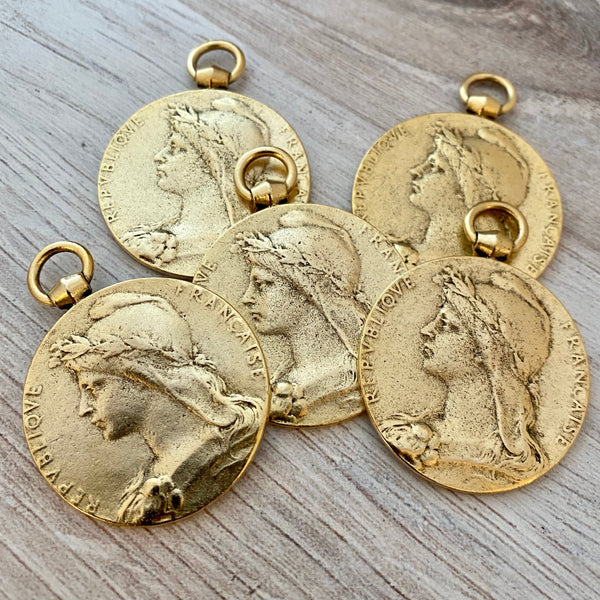 Load image into Gallery viewer, Large Old French Medal Replica, Antiqued Gold Charm Pendant, Woman Lady Coin, Jewelry Supplies, GL-6134
