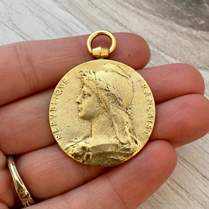 Large Old French Medal Replica, Antiqued Gold Charm Pendant, Woman Lady Coin, Jewelry Supplies, GL-6134