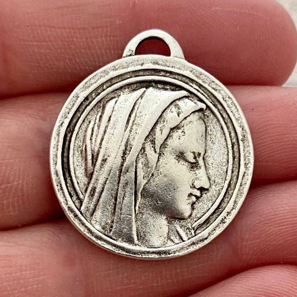 Load image into Gallery viewer, Round Mary Medal, Virgin Mary, Our Lady of Lourdes, Catholic Necklace, Religious Silver French Charm, SL-6168

