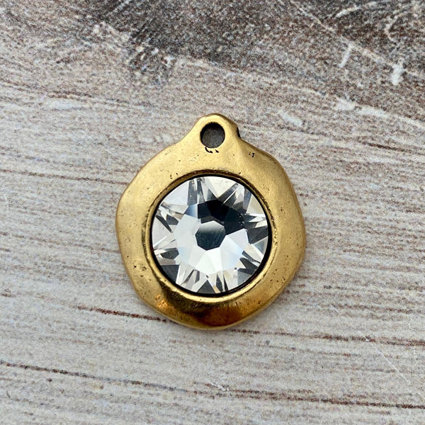 Load image into Gallery viewer, Extra Large Swarovski Crystal Clear Charm, Antiqued Gold Pendant, Jewelry Making Artisan Findings, GL-S027
