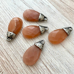 Peach Moonstone Faceted Pear Briolette Drop Pendant with Silver Bead Cap, Jewelry Making Artisan Findings, PW-S022