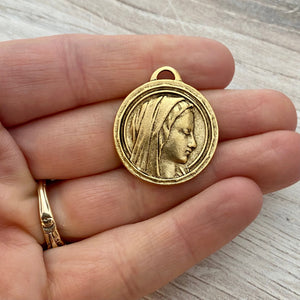 Round Mary Medal, Virgin Mary, Our Lady of Lourdes, Catholic Necklace, Religious Gold French Charm, GL-6168