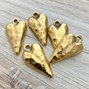 Gold Hammered Heart Charm, Skinny Heart Pendant, GL-6171