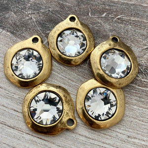 Extra Large Swarovski Crystal Clear Charm, Antiqued Gold Pendant, Jewelry Making Artisan Findings, GL-S027