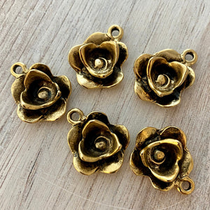 Flower Charm, Antiqued Gold Rose Pendant for Jewelry, GL-6153
