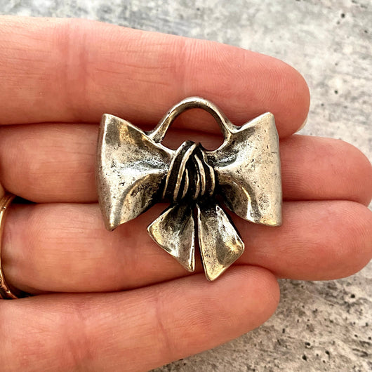 Large Bow Pendant, Bracelet Charm, Antiqued Silver, Jewelry Making, PW-6165