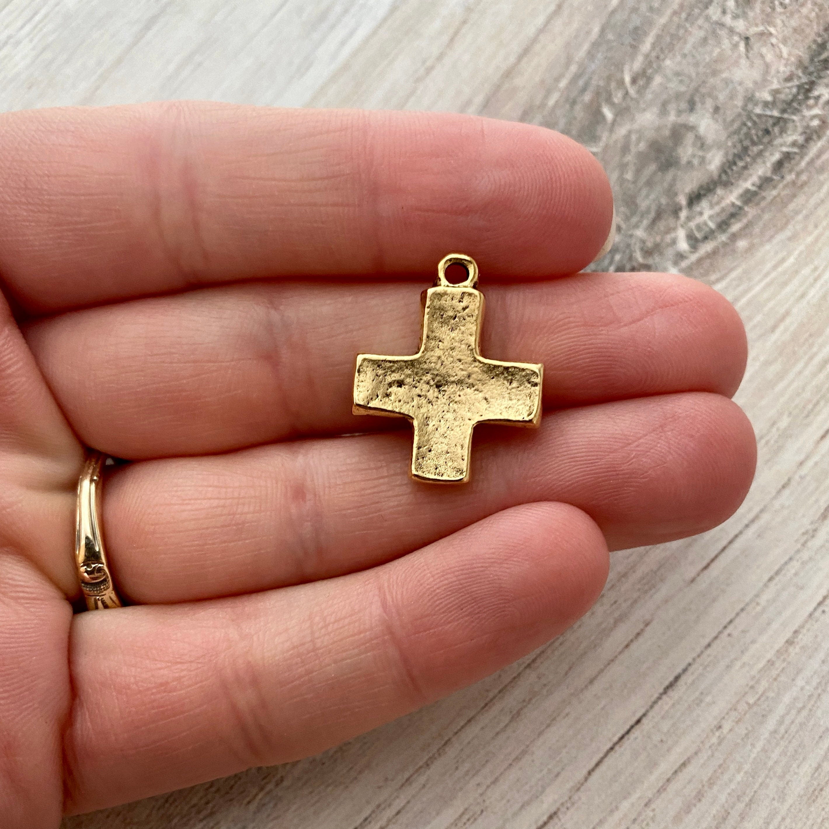 Chunky Block Cross Charm, Small Antiqued Gold Modern Pendant, GL
