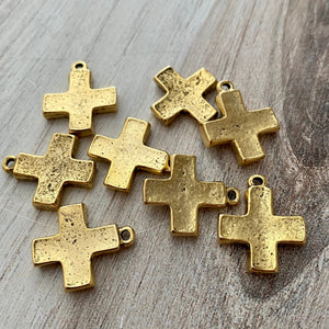 Chunky Block Cross Charm, Small Antiqued Gold Modern Pendant, GL-6182