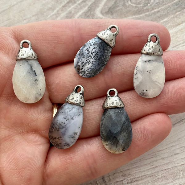 Load image into Gallery viewer, Dendritic Opal Pear Faceted Briolette Drop Pendant with Silver Pewter Bead Cap, Jewelry Making Artisan Findings, PW-S020
