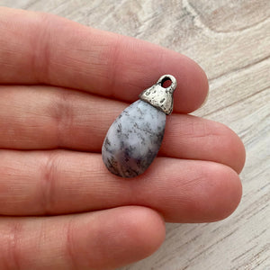 Dendritic Opal Pear Faceted Briolette Drop Pendant with Silver Pewter Bead Cap, Jewelry Making Artisan Findings, PW-S020