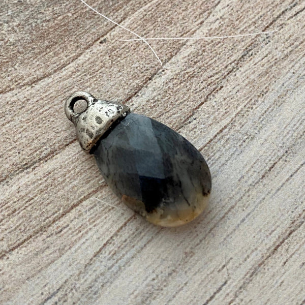 Load image into Gallery viewer, Dendritic Opal Pear Faceted Briolette Drop Pendant with Silver Pewter Bead Cap, Jewelry Making Artisan Findings, PW-S020
