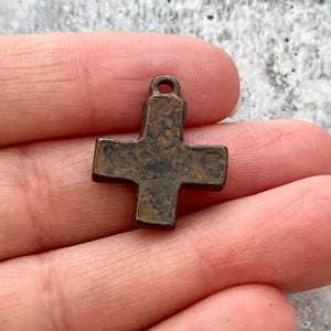 Chunky Block Cross Charm, Small Antiqued Rustic Brown Modern Pendant, BR-6182