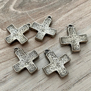 Chunky Block Cross Charm, Small Antiqued Silver Modern Pendant, PW-6182