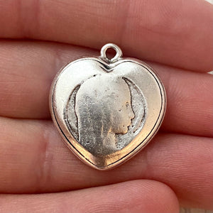 Mary Heart Medal, Catholic Religious Pendant, Blessed Mother, Antiqued Silver Jewelry Charm, SL-6172
