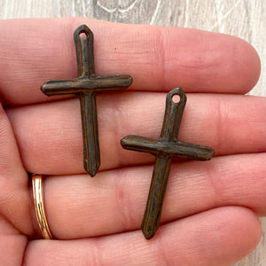 2, Simple Stick Cross Pendant, Antiqued Rustic Brown Lined Charm for Jewelry Making, BR-6181