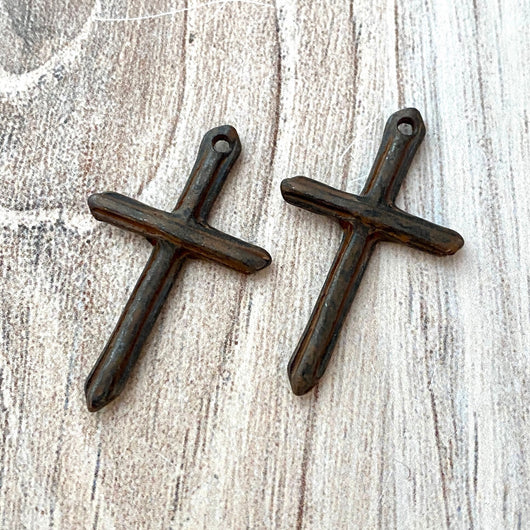 2, Simple Stick Cross Pendant, Antiqued Rustic Brown Lined Charm for Jewelry Making, BR-6181