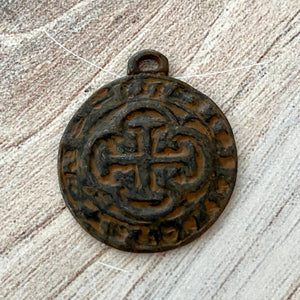 Old World Spanish Coin Replica, Cross Charm Pendant, Rustic Shipwreck Treasure, Jewelry Supplies, BR-6183