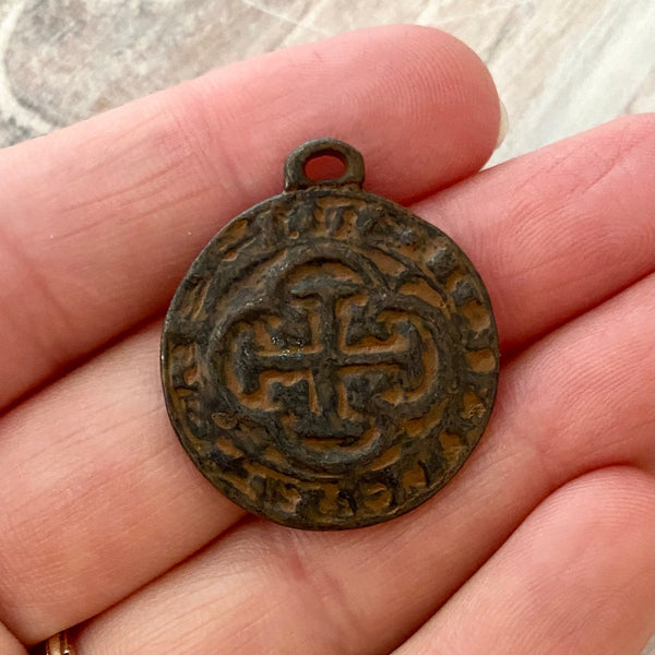 Load image into Gallery viewer, Old World Spanish Coin Replica, Cross Charm Pendant, Rustic Shipwreck Treasure, Jewelry Supplies, BR-6183
