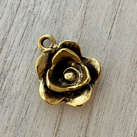 Flower Charm, Antiqued Gold Rose Pendant for Jewelry, GL-6153
