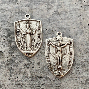 Virgin Mary Medal, Cross Pendant, Crucifix Shield, Antiqued Silver Rosary Parts, Catholic Religious Jewelry Supply, SL-1127