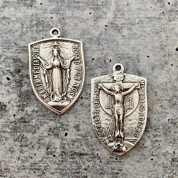 Load image into Gallery viewer, Virgin Mary Medal, Cross Pendant, Crucifix Shield, Antiqued Silver Rosary Parts, Catholic Religious Jewelry Supply, SL-1127
