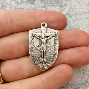 Virgin Mary Medal, Cross Pendant, Crucifix Shield, Antiqued Silver Rosary Parts, Catholic Religious Jewelry Supply, SL-1127