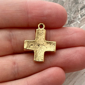 Chunky Block Cross Charm, Small Antiqued Gold Modern Pendant, GL-6182