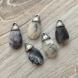 Dendritic Opal Pear Faceted Briolette Drop Pendant with Silver Pewter Bead Cap, Jewelry Making Artisan Findings, PW-S020