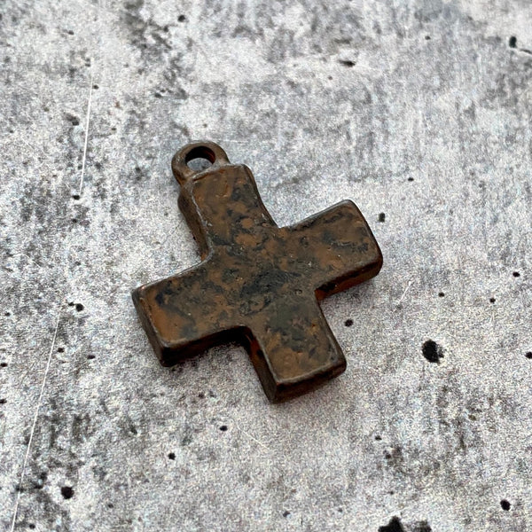 Load image into Gallery viewer, Chunky Block Cross Charm, Small Antiqued Rustic Brown Modern Pendant, BR-6182
