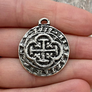 Old World Spanish Coin Replica, Cross Charm Pendant, Shipwreck Treasure, Jewelry Supplies, PW-6183