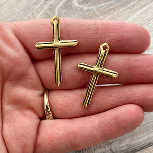 2, Simple Stick Cross Pendant, Antiqued Gold Lined Charm for Jewelry Making, GL-6181